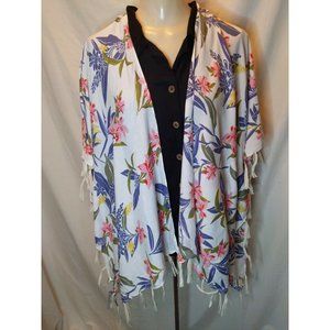 Tropical print Boho Short Kimono style coverup, Fringe, thin, unlined. Size L
